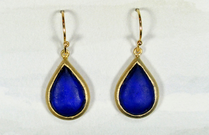 Cast Glass Pear Drop Earrings in Cobalt